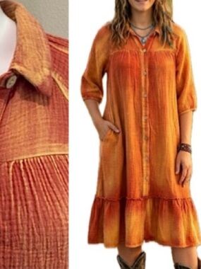 Hayden Sun Washed Midi Shirtdress Size Small Boho Crinkled Gauze Ruffle Hem